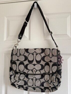 Coach Signature Satchel Medium Black Gray Canvas Leather Trim Crossbody